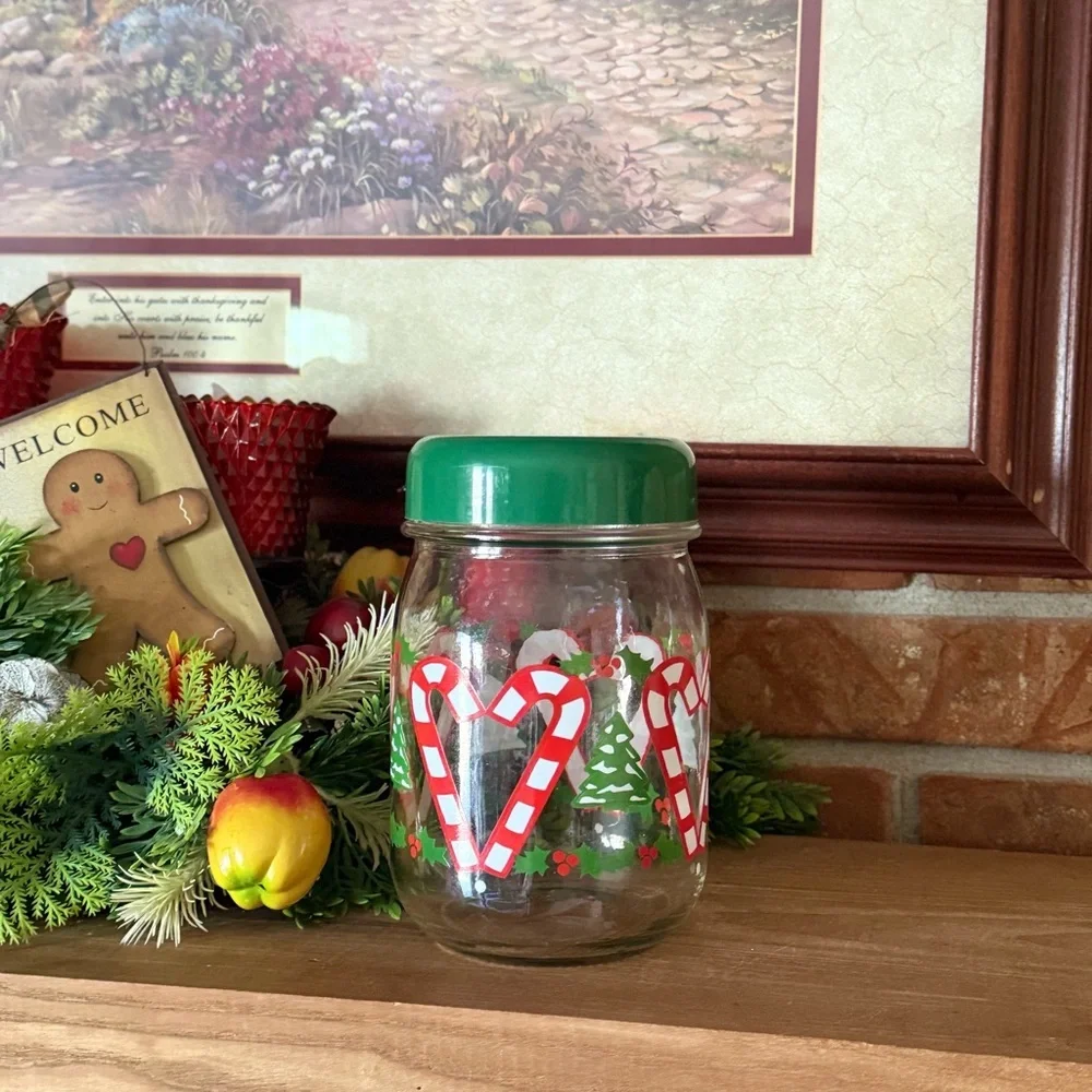 Holiday Candy Cane Heart Glass Jar with Green Lid